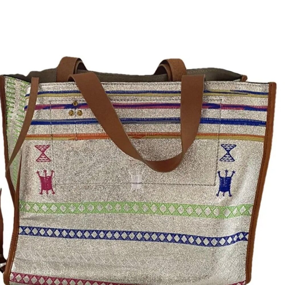 Jerome Dreyfuss Leon M Broderies Silver Leather Tote W/Matching Zipper Pouch